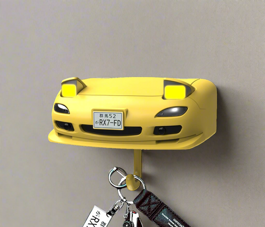 Yellow JDM Sports Car Wall Key Holder with Battery-Powered Pop-Up Headlights